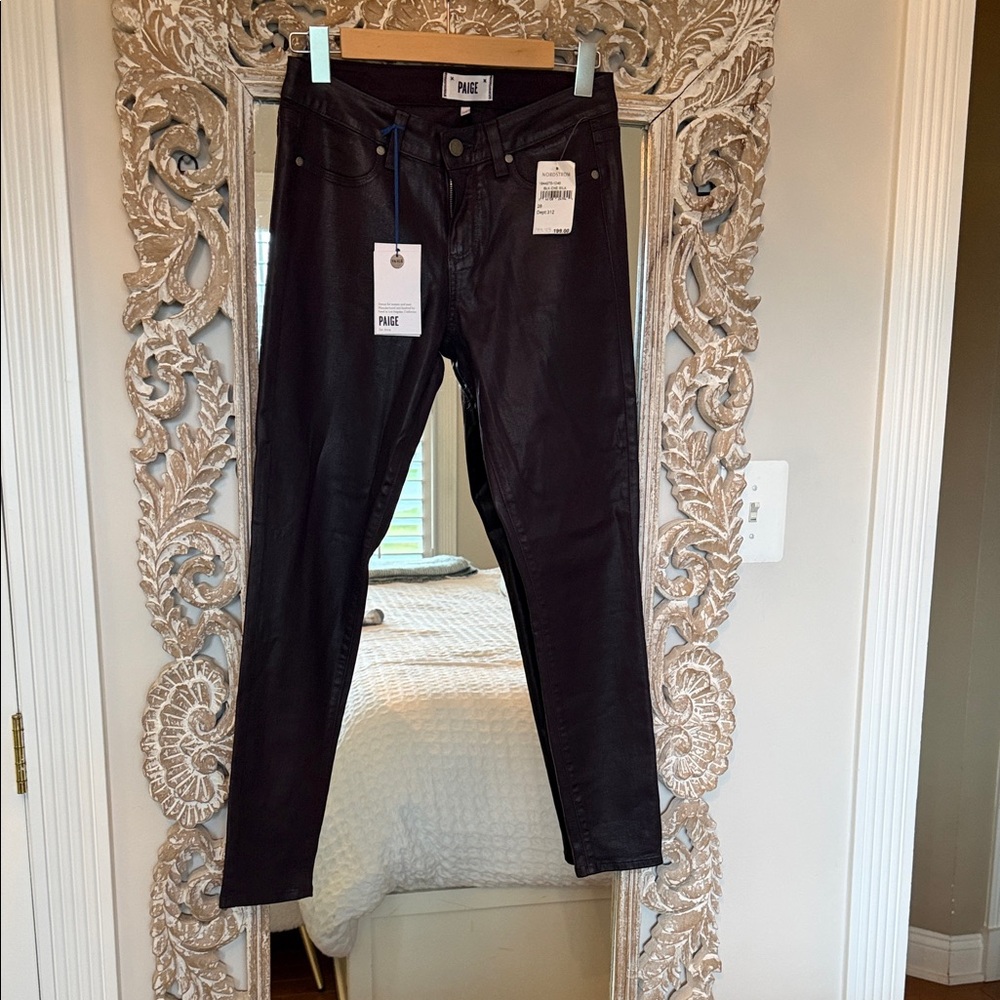 PAIGE Women's Dark Burgundy Coated skinny jeans, low rise.